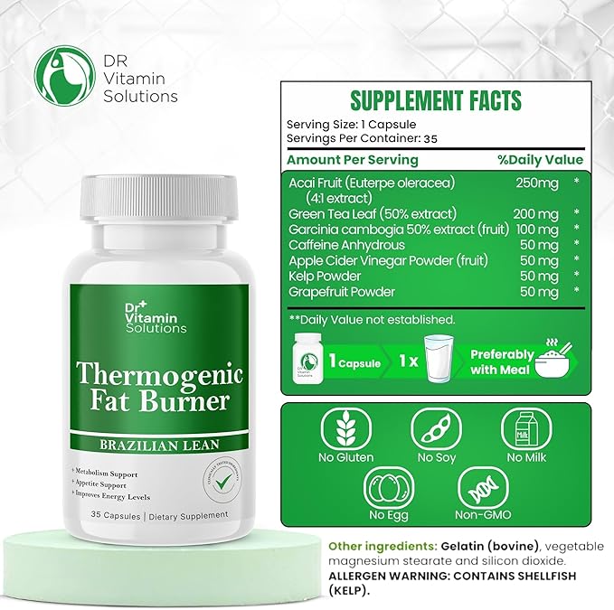 Thermogenic Fat Burner Brazilian Lean Weight Loss Vitamins, Dr Vitamin Waist Trimmer & Supplements for Bloating (1 Bottle, 35 Capsules)