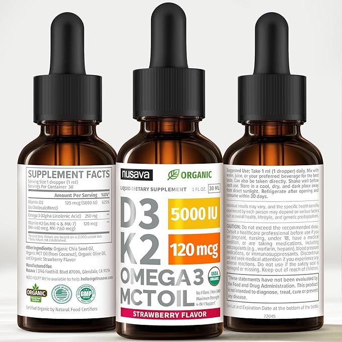 (4 Pack) Organic Vitamin D3 K2 Drops with MCT Oil Omega 3, 5000 IU - Maximum Strength Vitamin D Liquid, No Fillers, Non-GMO Liquid D3 for Faster Absorption and Immune Support (Strawberry, 4 Fl Oz)