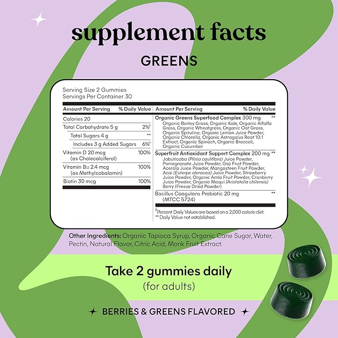 Lemme Greens Superfood Gummies w/Multi - Support Gut Health & Reduce Bloating, 20+ Organic Greens and Superfruits, Clinically Studied Probiotics, D3, B12 - Berries & Greens Flavored (60 Count)