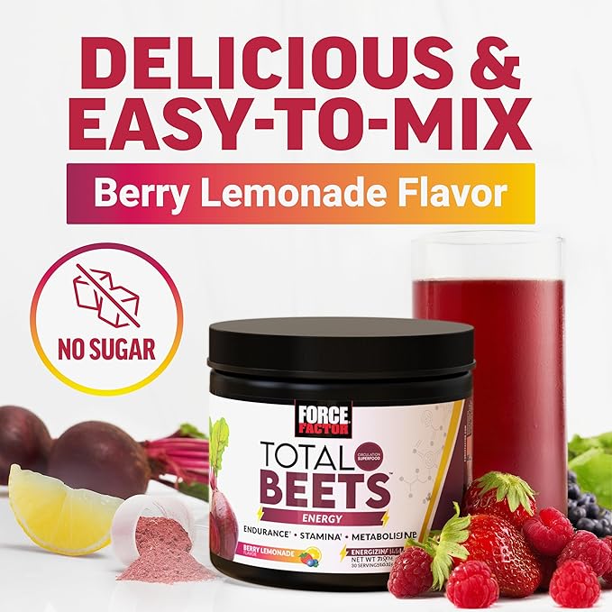Force Factor Total Beets Beet Root Powder with Energy, NO3-T® Nitrates to Support Circulation, Blood Pressure, Blood Flow, and Stamina - Plus Green Tea Extract. A Superfood Supplement, 30 Servings