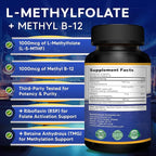 aSquared Nutrition L Methylfolate Plus Methyl B12 - Methylated Folate Supplement for Women & Men - 5-MTHF (Active Vitamin B9) 1000 mcg & B-12 1mg - B Complex - 60 Capsules