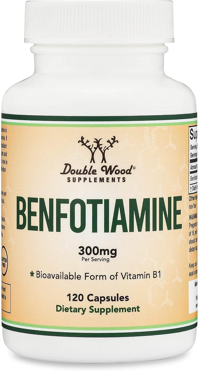 Benfotiamine 300mg Servings (Third Party Tested, 120 Capsules, 150mg Per Cap) Non-GMO, to Boost Thiamine B1 Levels (More Absorbable Than Thiamine, Fat Soluble) by Double Wood