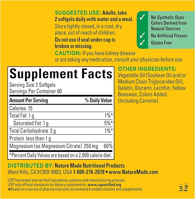 Nature Made Magnesium Citrate 250 mg per serving, Magnesium Supplements for Men and Women, Support for Muscle, Nerve, Bone and Heart, 120 Softgels, 60 Day Supply