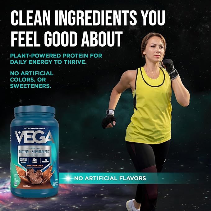 Vega Premium Protein + Supergreens, Chocolate – 20g Vegan Protein, Dairy & Gluten Free, 28.8 oz (25 Servings)