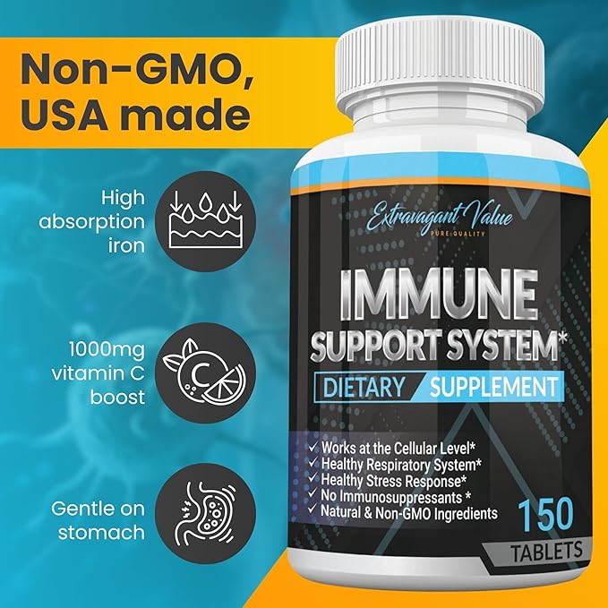 3-in-1 Immune Support Combo with Iron Supplement 25mg (Iron Pills) + 1000mg Vitamin C + Ginger Root, Gentle & Stomach Friendly for Energy & Iron Deficiency Support, Non-GMO, 150 Tablets