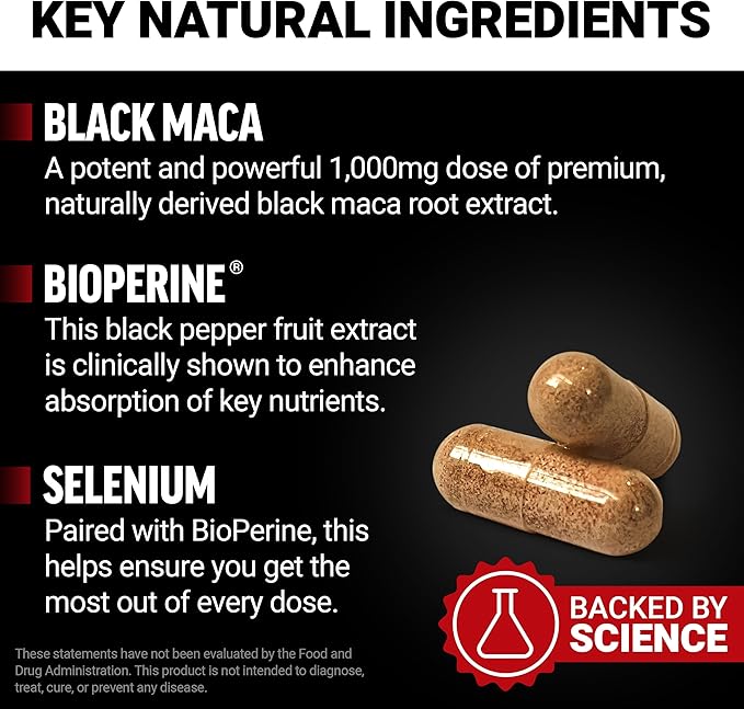 Force Factor Black Maca Root Supplement for Men, 1000mg Maca Negra Extract for Energy, Hormonal Balance & Vitality, Superior Absorption with BioPerine, 120 Capsules, 2-Pack