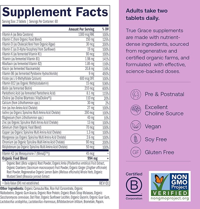 True Grace Prenatal Multivitamin Refill Pouch - 120 Vegan Tablets - Supports a Healthy Mom & Baby with Methylfolate & Choline for Fetal Brain Development - Gluten Free, Soy Free - 60 Servings