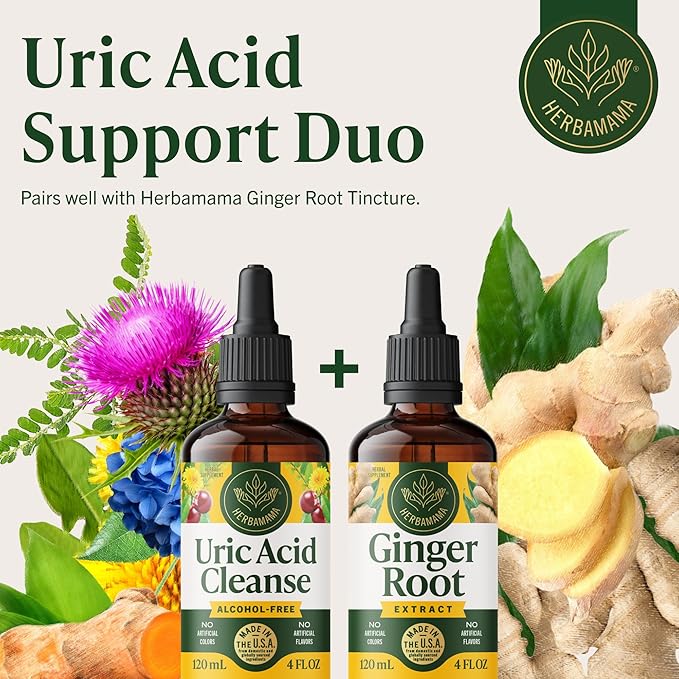 HERBAMAMA Uric Acid Cleanse Liquid Drops - Vegan Uric Acid Flush with Tart Cherry, Chanca Piedra & Dandelion Root Tincture - Non-GMO, Alcohol & Sugar-Free Supplement, 56-Day Supply