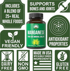 Manganese Supplement Food Like Mineral Chelated for Superior Absorption with Whole Food Blend of 25+ Fruits & Vegetables. Pure Trace Mineral Capsules for Connective Tissue, Bone Health, Enzyme Support