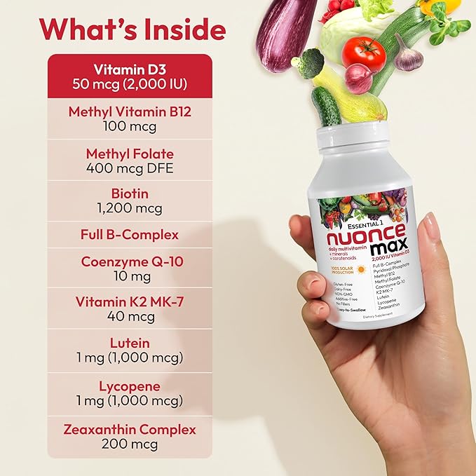 ANDREW LESSMAN Essential-1 nuonce max Multivitamin 2000 IU Vitamin D3 60 Small Capsules. 100 mcg Methyl B12. CoQ10 Lutein Lycopene Zeaxanthin. High Potency. No Additives. Ultra-Mild One Daily Capsule