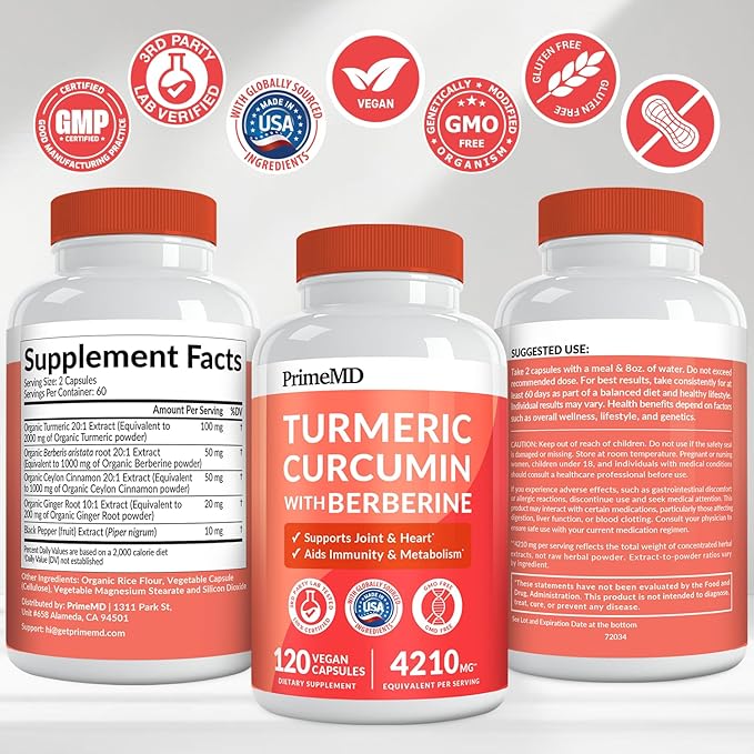 5-in-1 Organic Turmeric Curcumin Supplement (4210mg) with Berberine, Ceylon Cinnamon Bioperine and Ginger Supplements for Joint, Heart, Gut, & Metabolic Support (120 ct) (Pack of 2)