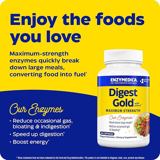 Enzymedica Digest Gold + ATPro, Maximum Strength Digestive Enzymes, Helps Digest Large Meals for Instant Bloating Relief, 45 Capsules