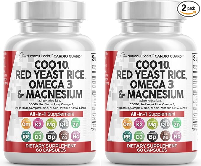 Clean Nutraceuticals COQ10 200mg Red Yeast Rice Omega 3 Magnesium Complex 500mg Niacin Zinc Vitamin K2 D3 - Heart Support Vitamins for Women & Men w/Vitamin B3, Coenzyme Q10-60 Ct (Pack of 2)