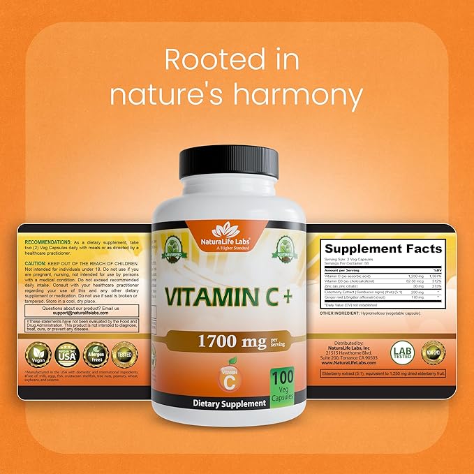 NaturaLife Labs Vitamin C with Vitamin D3, Zinc, Elderberry & Ginger Root – 1,700 mg per Serving – 100 Capsules, Vegan, Non-GMO, Gluten Free