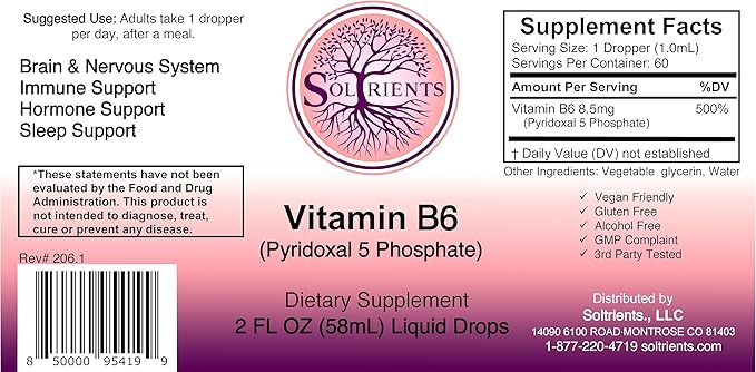 P5P Vitamin B6 Liquid Drops (Pyridoxal 5 Phosphate) – Active Form B6 Supplement – 60 Servings (2 Month Supply) – 2 Fl Oz (58mL) – Solrients
