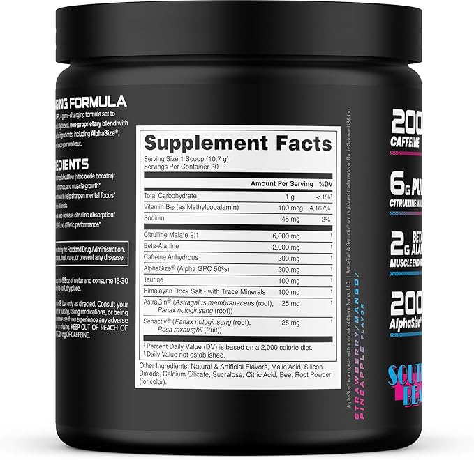 Bucked Up Pre Workout South Beach | 200mg Caffeine with Citrulline Malate Beta Alanine AlphaSize and Taurine | Pre Workout Powder (30 Servings)