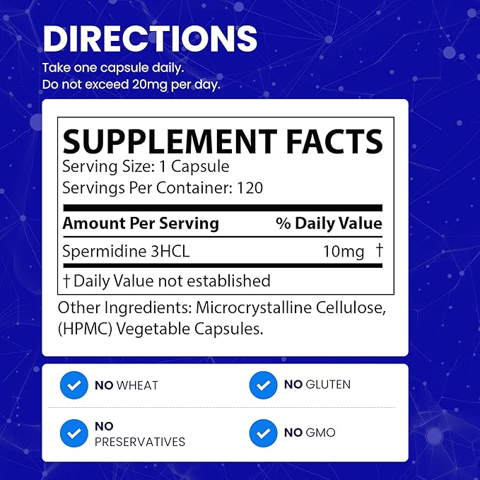 Ultimate Spermidine Supplements for Men and Women, 100x Formula, Longevity Supplements Support, 10 mg Per Capsule, 3rd Party Tested, Vegan, 120 Servings