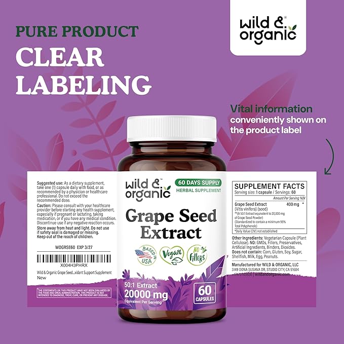 Wild & Organic Grape Seed Extract Capsules - Antioxidant Support - Grapeseed Extract 400 mg - 95% Polyphenols - 2 Month Supply - 60 Vegan Capsules - Non-GMO