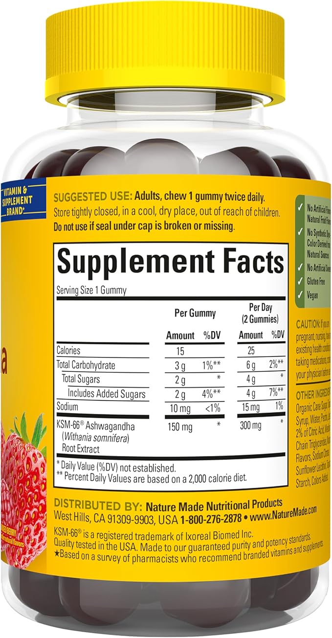 Nature Made Ashwagandha Gummies, Vegan, KSM 66 Ashwagandha Supplement for Stress Support, 60 Count, 30-Day Supply