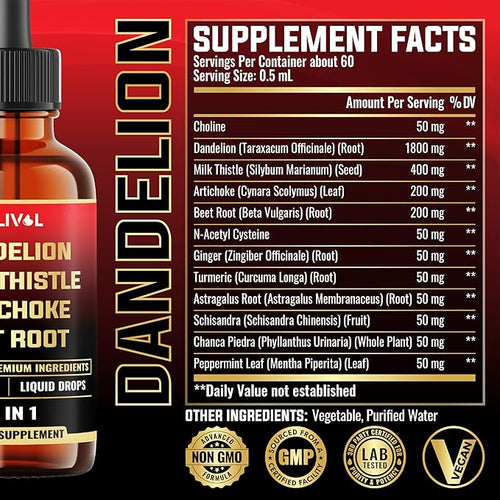 12in1 Dandelion Root Liquid Extract with Milk Thistle, Artichoke Extract, Turmeric, Beet Root, N-Acetyl Cysteine and 6 More Herbals - 1 Fl Oz - 60 Days Supply