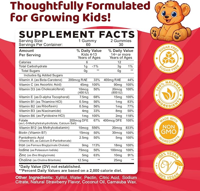 Iron Supplement Gummies for Kids, Kids Multivitamin with Iron Gummies - Zinc, Vitamin B Complex, A, C, D3, B12, Folate for Blood Builder & Energy Support, Iron Deficiency, Vegan Strawberry 120ct