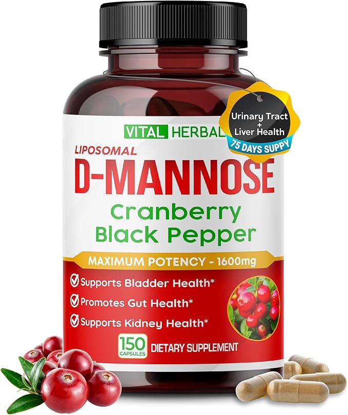 VITAL HERBAL Liposomal D-Mannose with Cranberry & Black Pepper – High Absorption Formula – Supports Urinary Balance, Digestive Comfort & Daily Wellness (90 Capsules)