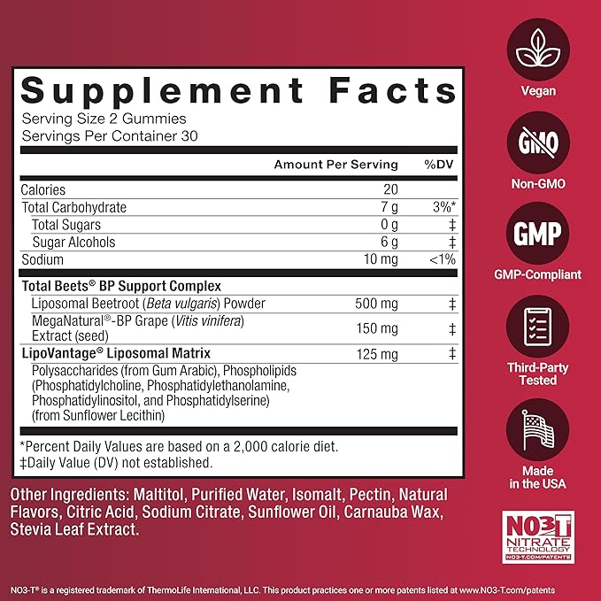 Force Factor Total Beets Gummies, Blood Pressure Support, Liposomal Beet Powder for Superior Absorption, Grape Seed for Nitric Oxide, Circulation & Heart Health, Sugar Free, Mixed Berry, 60 Gummies
