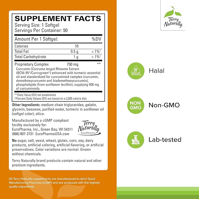 Terry Naturally CuraMed 750mg - Antioxidant Supplement for Brain & Heart Health - Supplement with High-Potency Curcumin Complex - Kidney, Liver & Immune Health Support - 90 Softgels (Pack of 2)