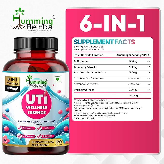 Humming Herbs D-Mannose & Cranberry Complex — with Hibiscus, Inulin Prebiotic & Probiotics (Lactobacillus rhamnosus & L. reuteri) — 120 Capsules (60 Days) — Urinary Tract Health Support