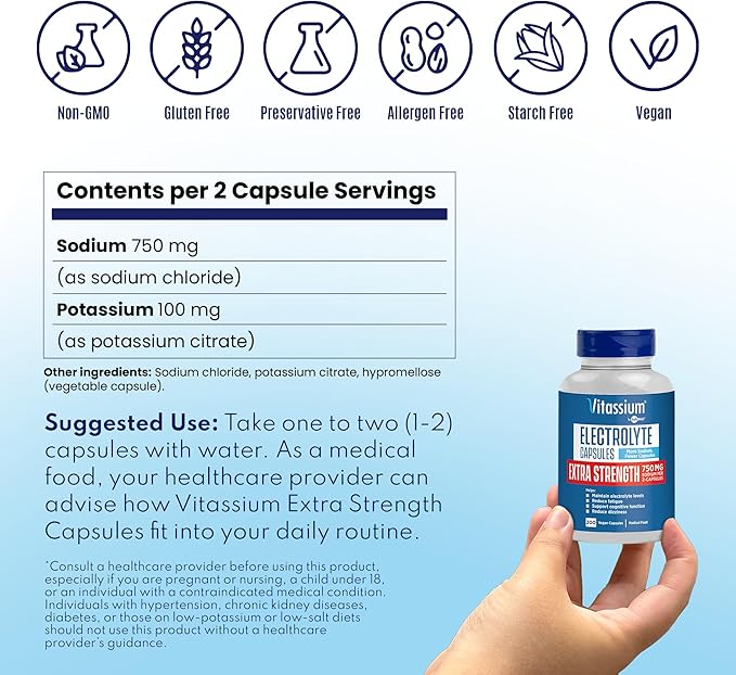 Vitassium Extra Strength Electrolyte Capsules - 750mg of Sodium for The Management of POTS and High Sodium Diets, Unflavored - 200 Salt Pills (Size 00)