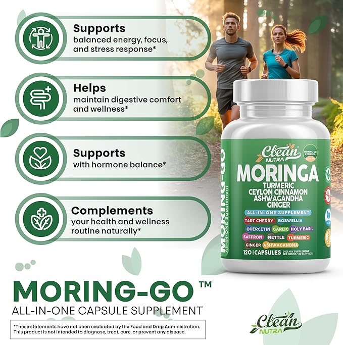 Moringa Powder Capsules + Turmeric Moringa Leaf Ceylon Cinnamon Ashwagandha Ginger Tart Cherry Boswellia Quercetin Garlic Holy Basil Saffron Nettle Black Pepper Moring-Go Supplement By Clean Nutra (2)