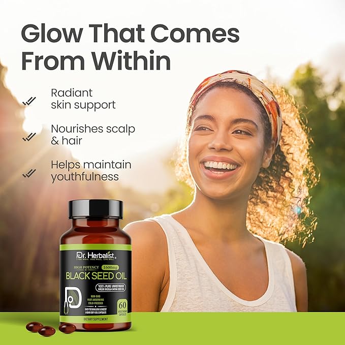Dr. HERBALIST Black Seed Oil Capsules 1600mg - Cold Pressed Nigella Sativa Softgels with Thymoquinone | Supports Overall Wellness & Immune Vitality* | Halal, Non-GMO | 60ct