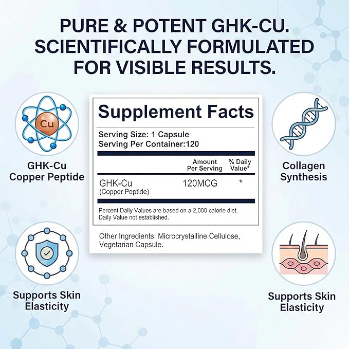 GHK-Cu Copper Peptide Supplement 120 Capsules, 120mcg Ultra High Strength Supplement Supports Skin Elasticity and Hair Vitality, Promotes Natural Collagen Synthesis