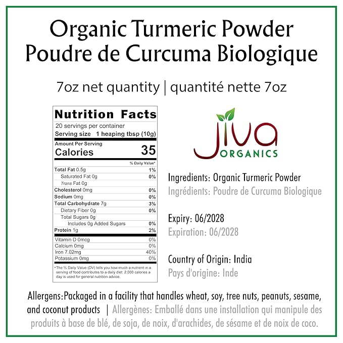 Jiva Organic Turmeric Powder 7 oz - Packaged in Resealable Bag, 100% Raw with Tumeric Powdered Organic, Turmeric Curcumin Powder, Origins from India