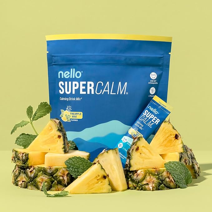 Nello Supercalm Powdered Drink Mix, Cortisol Reducer* and Sleep Aid Supplement, L Theanine, Ksm-66 Ashwagandha, Magnesium Glycinate, Vitamin D 3, No Sugar, Non GMO, On The Go, 20 Ct, Pineapple Mint