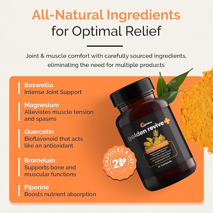 UpWellness Golden Revive + Joint Support Supplement Featuring Turmeric with Black Pepper, Quercetin, and Magnesium- Turmeric Boswellia Supplement - 6 Active Ingredients - 60 Capsules, 3 Pack
