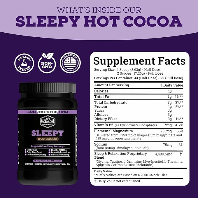 Black Forest Sleepy Hot Cocoa - Magnesium Hot Chocolate Sleepy Cocoa Sleep Powder for Adults with Melatonin & L-Theanine - Natural Sleep Drink Mix for Deep Sleep & Relaxation, Sleep Powder 22 Servings