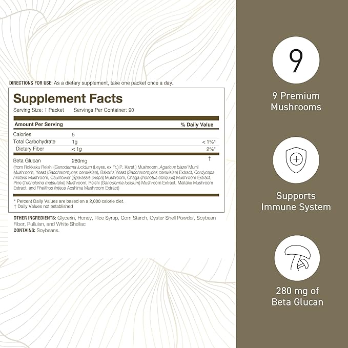 Umeken Beta Glucan, Immune Boost, Mushroom Extract, Dietary Supplement, Blend of 9 Premium Mushroom Extract Packets, Easy to Take Beta Glucan Supplements, 3 Month Supply, 90 Count Box, Pack of 1