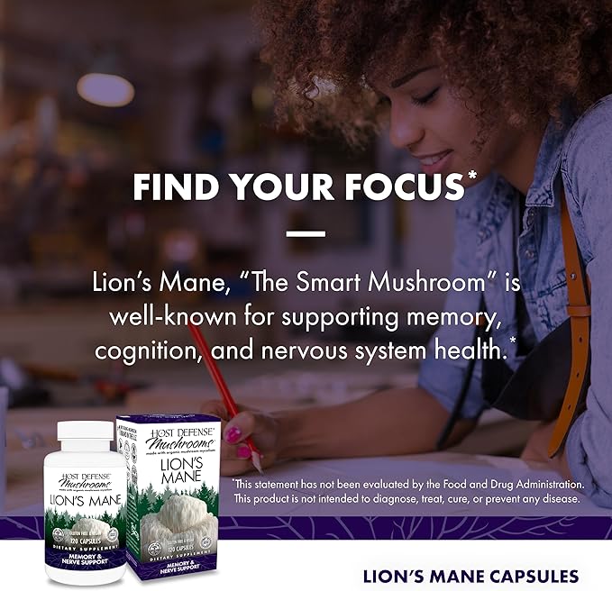 Host Defense Mushrooms Lion's Mane - Supplement Capsules for Brain Health Support - Mushroom Support for Focus & Memory Function - Immune & Nervous System Supplement - 120 Capsules