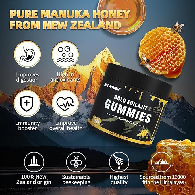 Shilajit Gummies Manuka Honey Lemon Flavor Himalayan shilajit No Added Sugar Ashwagandha, Gokshura| Fulvic Acid & 85+ Trace Minerals for Men, Women I Non-GMO 100% Natural & Organic I 30 Gummy
