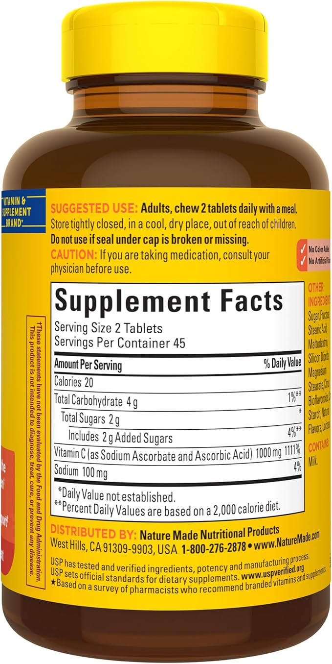 Nature Made Extra Strength Dosage Chewable Vitamin C 1000 mg per serving, Vitamin C Chewable Dietary Supplement for Immune Support, 90 Tablets, 45 Day Supply