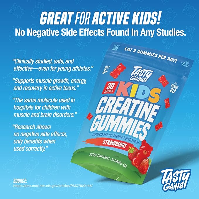TASTY GAINS Kids & Teen Creatine Gummies with Vitamin B12 for Growth Support, Easy Chew Daily Supplement, Gummy Vitamins for Kids and Teens, Ages 5+