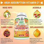 Fresh Healthcare Whole Food Vitamin C 500mg - Natural Supplement from Rose Hips, Acerola Cherry & Camu Camu - with Citrus Bioflavonoids for Immune Support - 120 Vegan Capsules