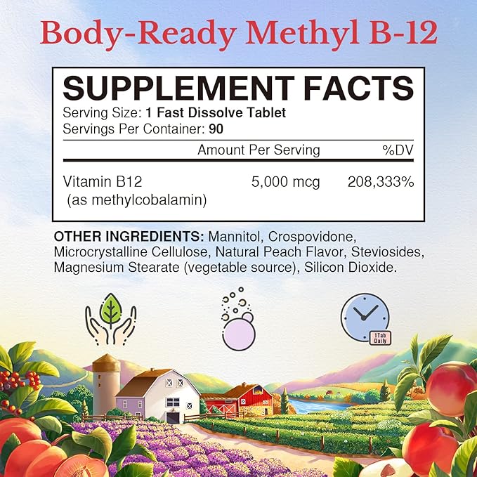 Vitalitown Vitamin B12 (Methyl B12) 5000 mcg, Fully Bioactive Form, Support Energy Production, Natural Peach Flavor, Zero Sugar, 90 Fast Dissolve Tablets