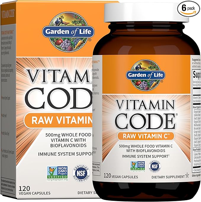 Garden of Life Vitamin Code Raw Vitamin-C, 500mg Whole Food VIT-C Capsules + Fruit & Veggie Blend & Probiotics, Supplements for Adults, Vegan, Gluten Free, 120 Capsules, (Pack of 6)