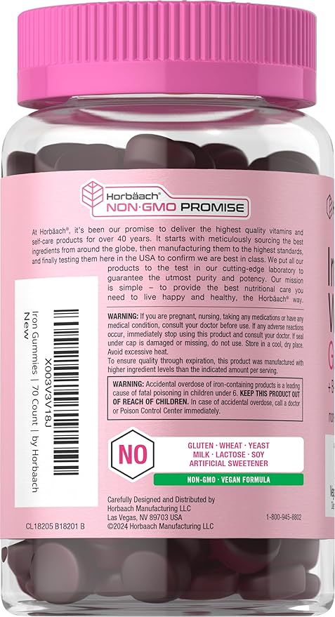 Horbäach Iron Gummies for Women | 70 Count | Grape Flavor | Supplement with B Vitamins Folate and Zinc | Vegan, Non-GMO & Gluten Free