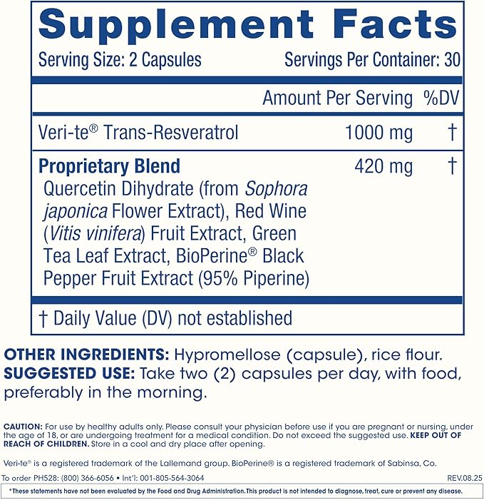 ProHealth Resveratrol 1000mg | Pure Trans-Resveratrol | Plus Quercetin, Red Wine & Green Tea Extract | Clinically Studied to Support Cellular Health, Memory, Healthy Aging | 60 Capsules