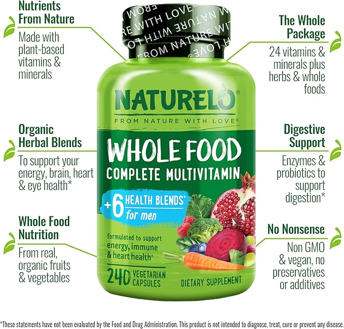 NATURELO Mens Multivitamins - Whole Food Multivitamin for Men with Vitamins, Minerals - 240 Vegetarian Capsules for Energy, Brain, Heart, Eye Health*