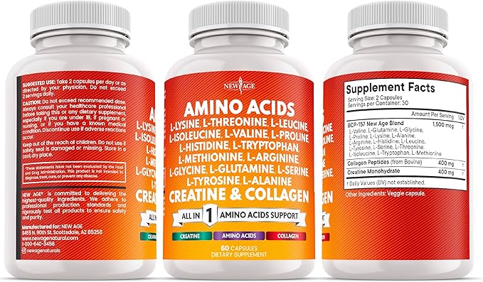 NEW AGE Amino Acids Supplement L-Lysine, L-Threonine, L-Leucine, Isoleucine, Valine, L-Histidine, L-Tryptophan, L-Methionine, L-Arginine, L-Cysteine, L-Glutamine, L-Serine, Aspartic Acid- 120 Count