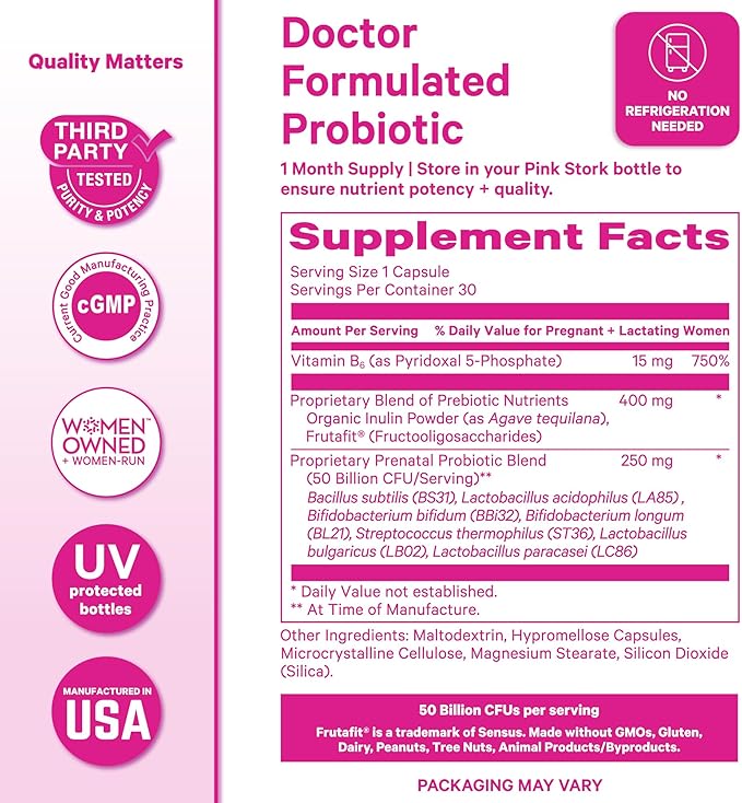 Pink Stork Prenatal Probiotics for Women - Vitamin B6, Prebiotics, Morning Sickness, Gut Microbiome, Pregnancy Probiotic, Immune Support, Pregnancy Must Haves - 60 Capsules